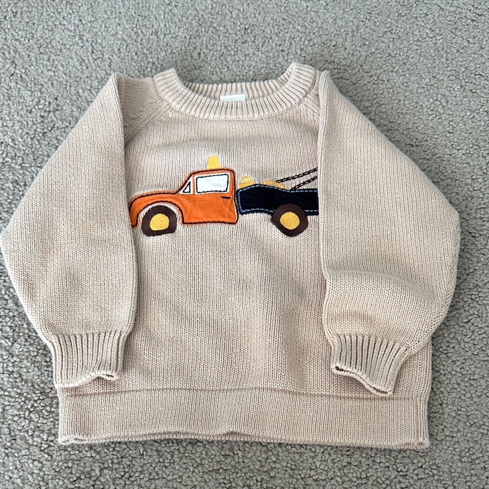 Gymboree Beige Sweater with Orange and Black Tow Truck Applique